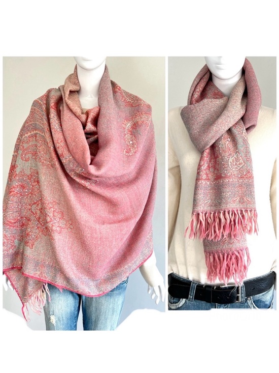 Unbranded Accessories - 100% Pashmina Handmade Pink Turquoise Paisley Crystal Bead Long Wrap Shawl Scarf